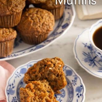 Pinterest graphic of a morning glory muffin cut in half in a plate in front of a platter of muffins.