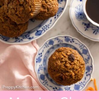 Pinterest graphic of an overhead view of a muffin on a plate beside a platter of morning glory muffins.