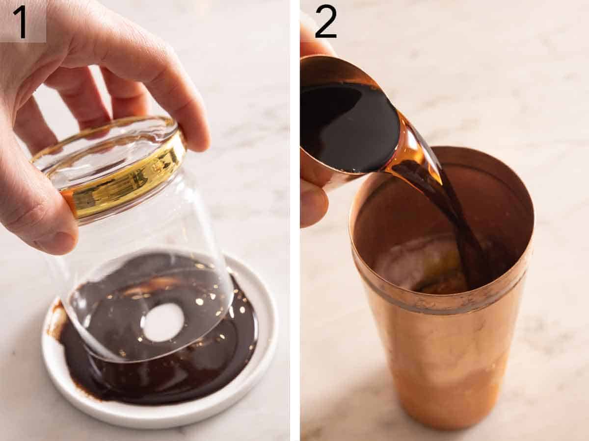 Set of two photos showing a glass dipped in chocolate and coffee liqueur added to a shaker.