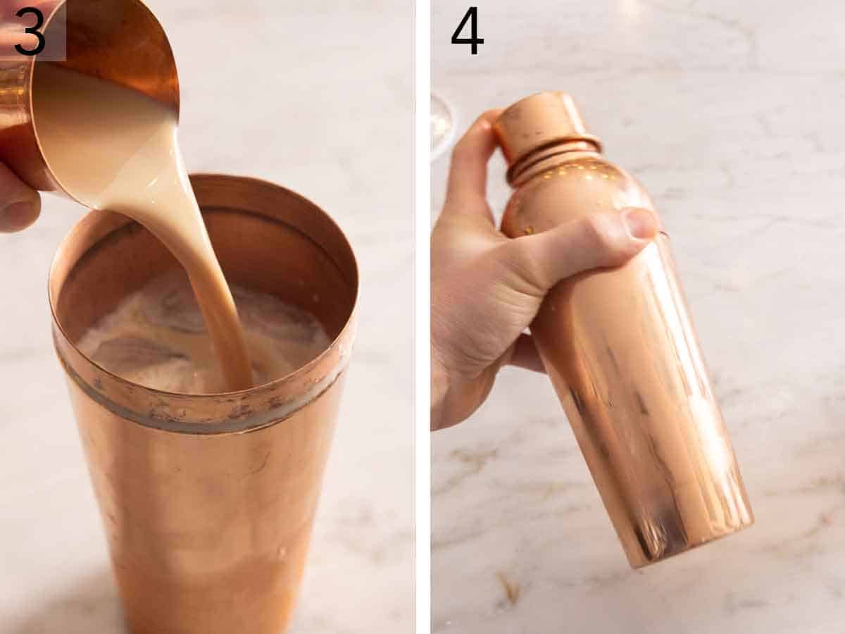 Set of two photos showing Irish cream added to a shaker and shaken.