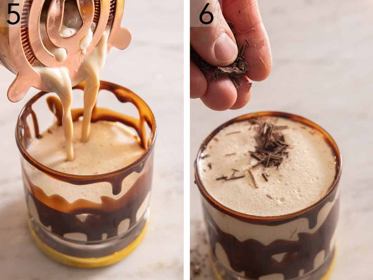 Set of two photos showing a mudslide strained to a glass and topped with shaved chocolate.