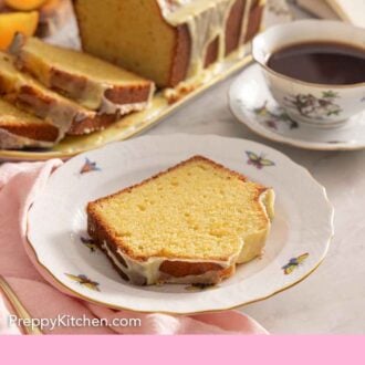 Pinterest graphic of a plate with a slice of orange cake in front of coffee and the rest of the cake.