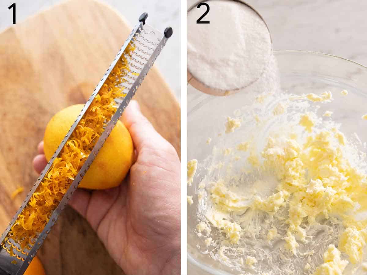 Set of two photos of an orange zested and sugar added to creamed butter.