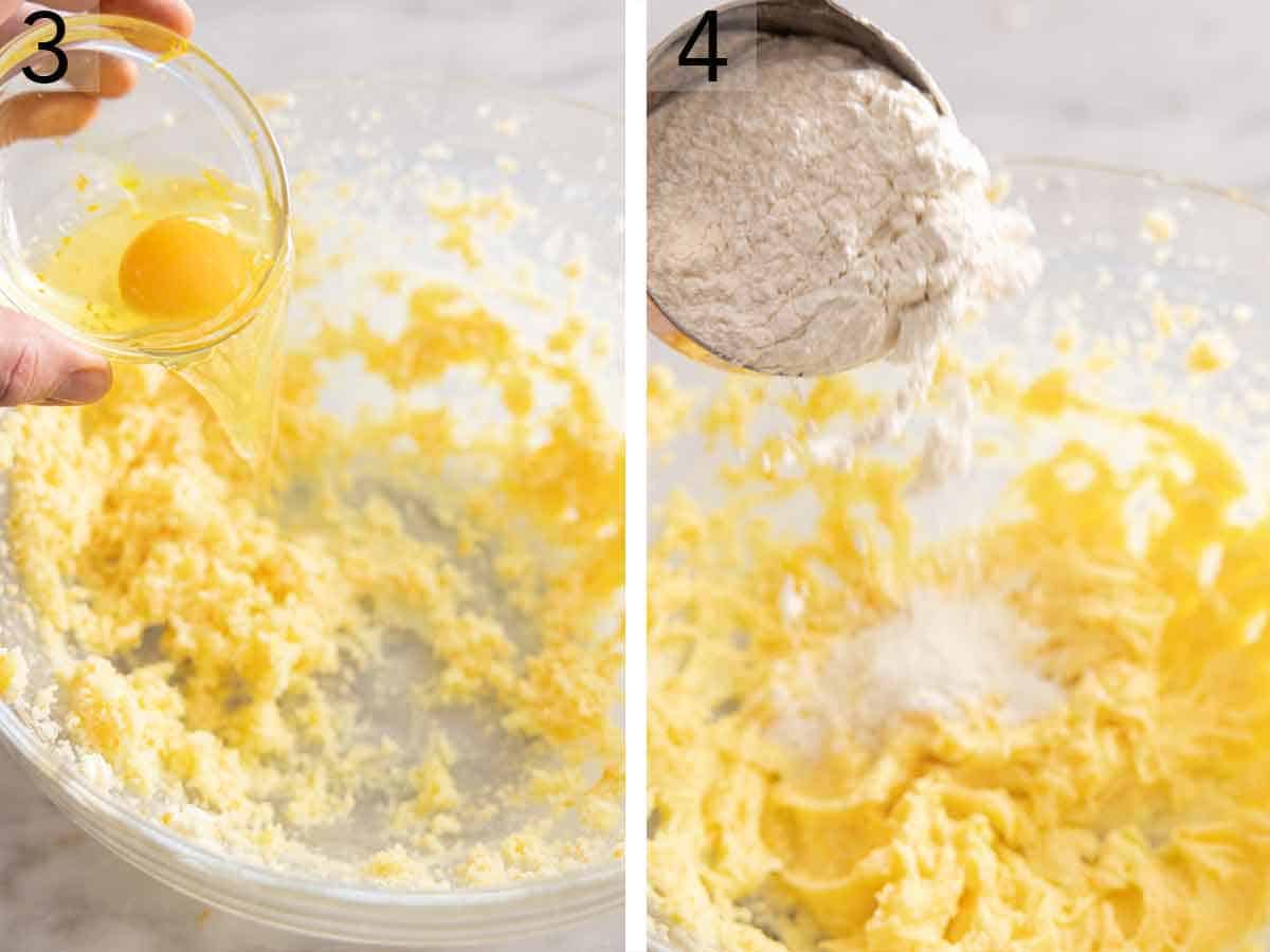 Set of two photos showing egg and flour added to the mixture.