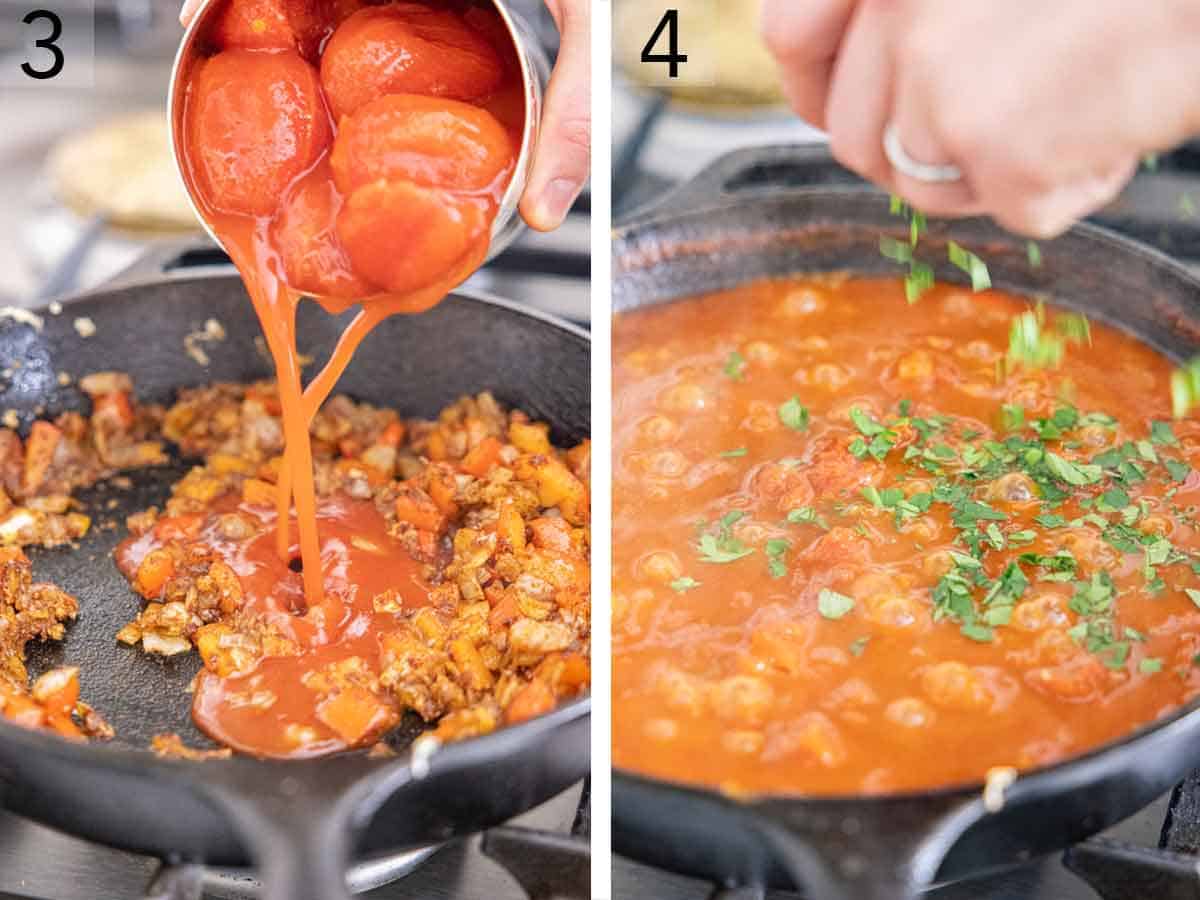 Set of two photos showing a can of tomatoes added to a pan and topped with parsley.