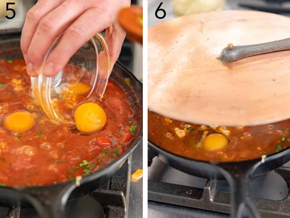 Set of two photos showing eggs added to the pan and covered with a lid.