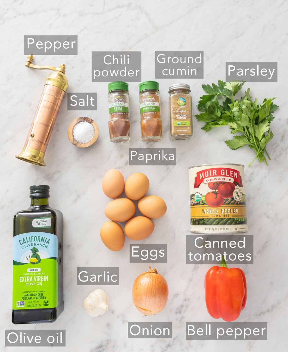 Ingredients needed to make shakshuka.