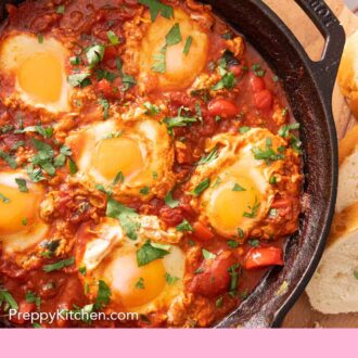 Pinterest graphic of an overhead view of a cast-iron skillet of shakshuka.