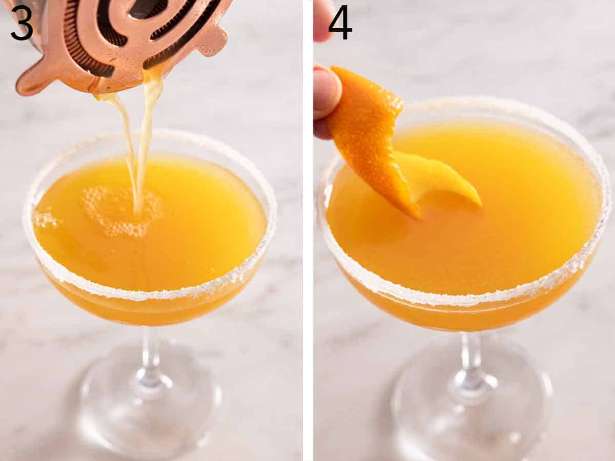 Set of two photos showing cocktail strained and garnish.