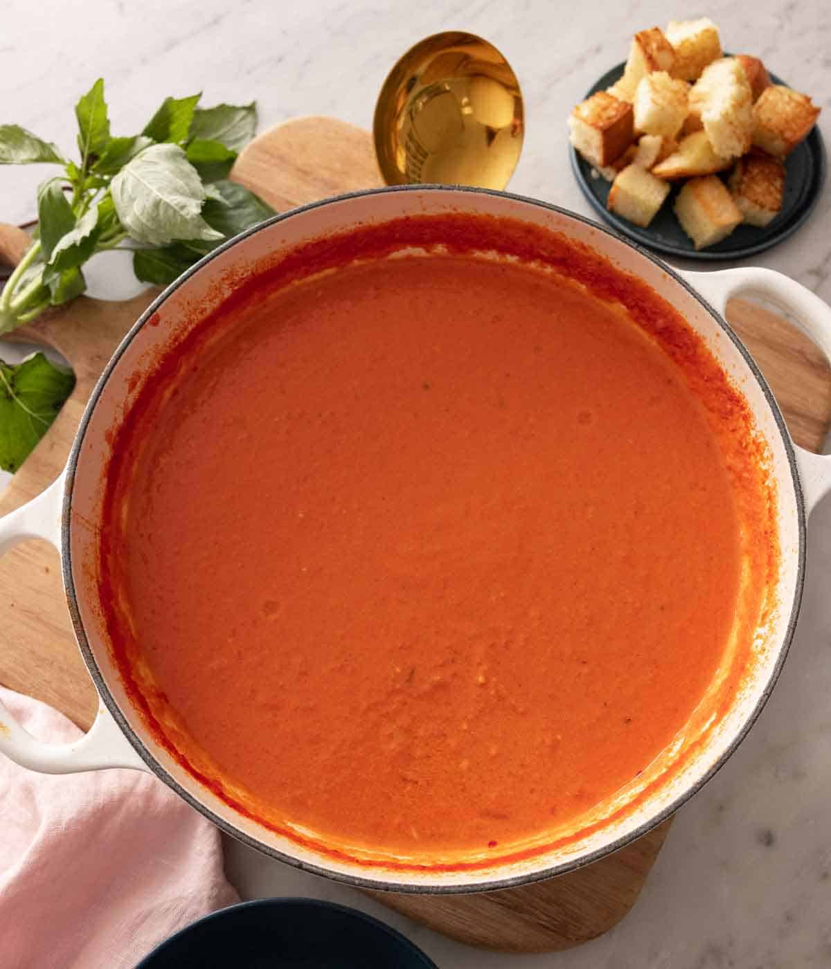 Overhead view of a pot of tomato soup.