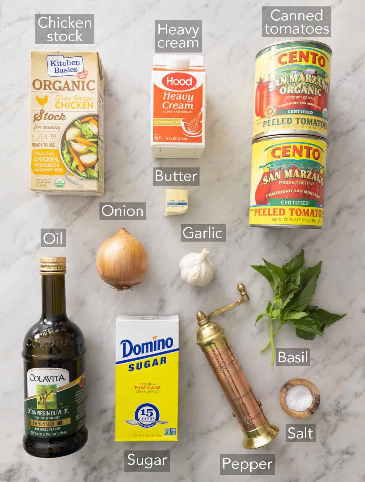 Ingredients needed to make tomato soup.