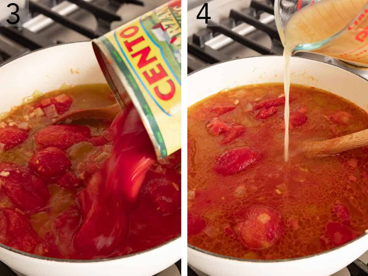 Set of two photos showing canned tomatoes and broth added to the pot.