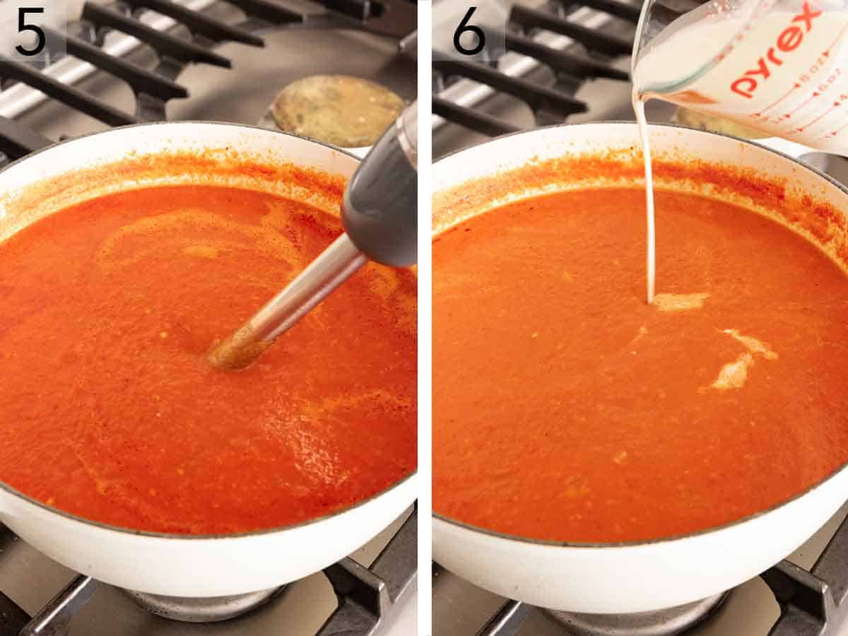 Set of two photos showing soup being blended with an immersion blender and cream drizzled in.