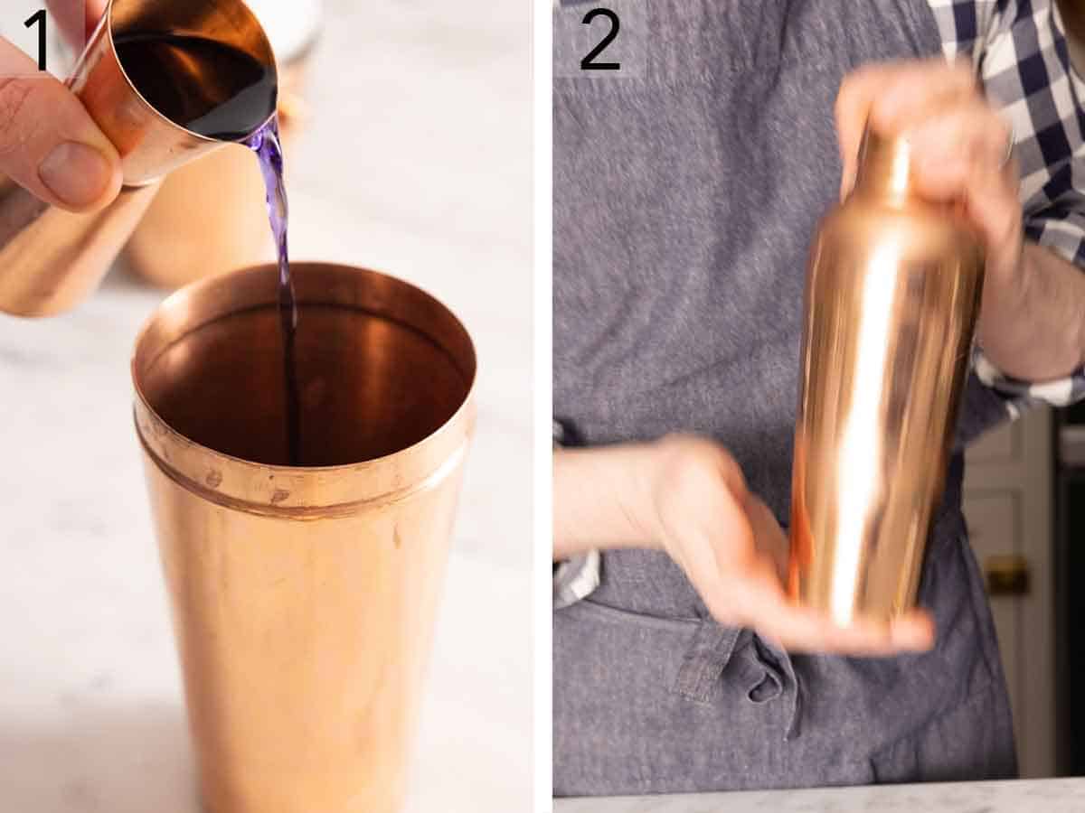 Set of two photos showing liquid added a shaker, then shaken to combine.