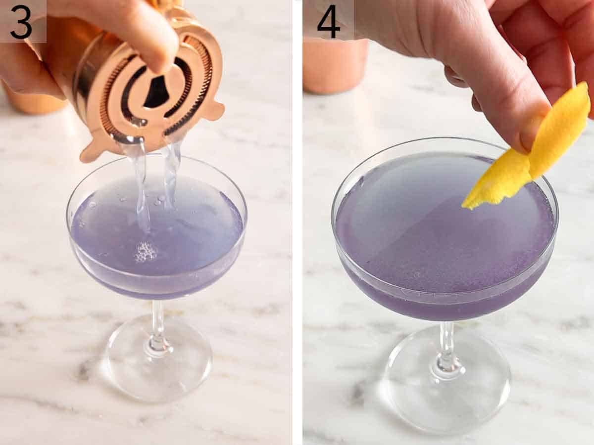 Set of two photos showing drink strained into a glass and garnished.