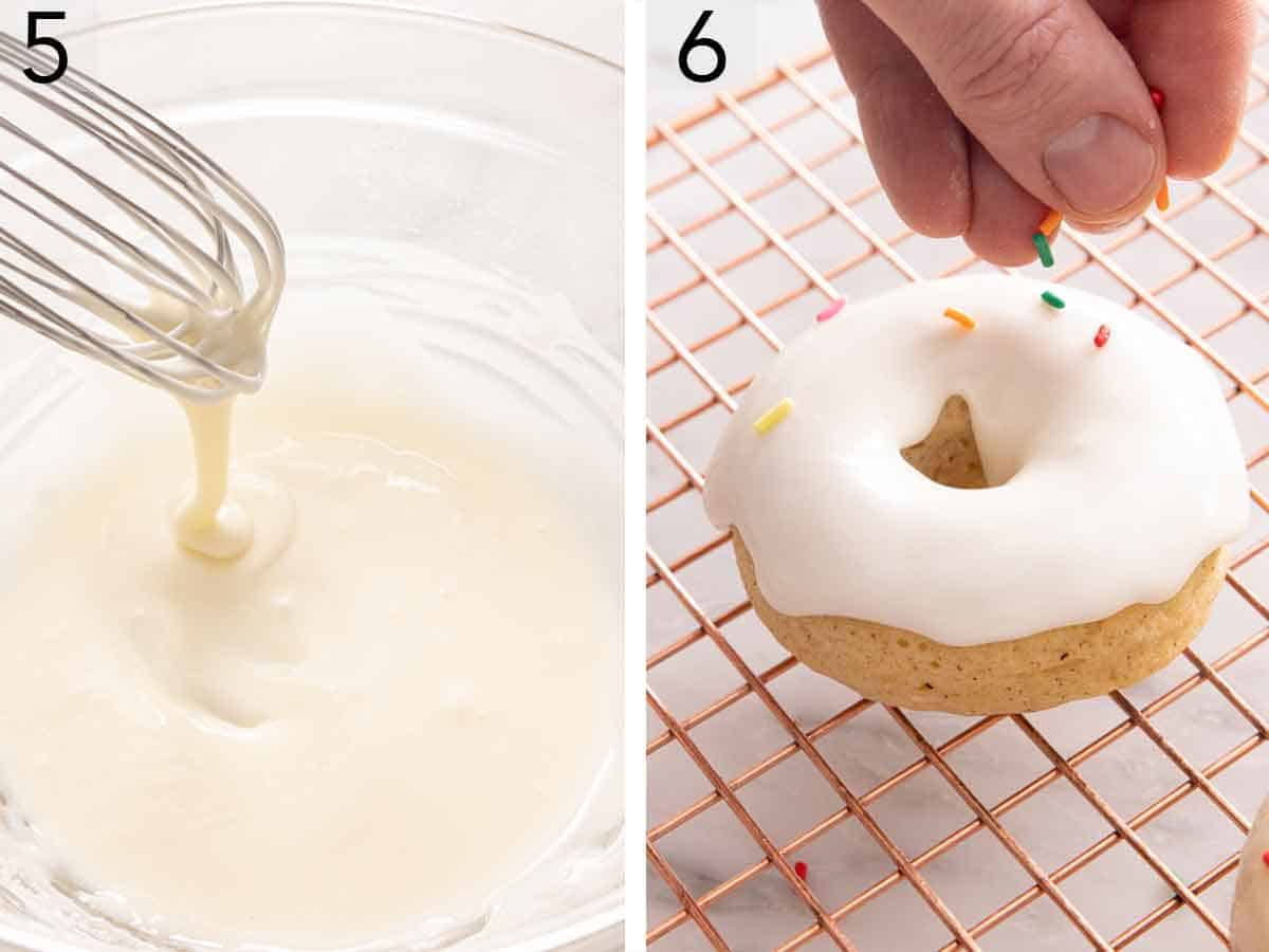Set of two photos showing glaze whipped and sprinkles added to a glazed donut.