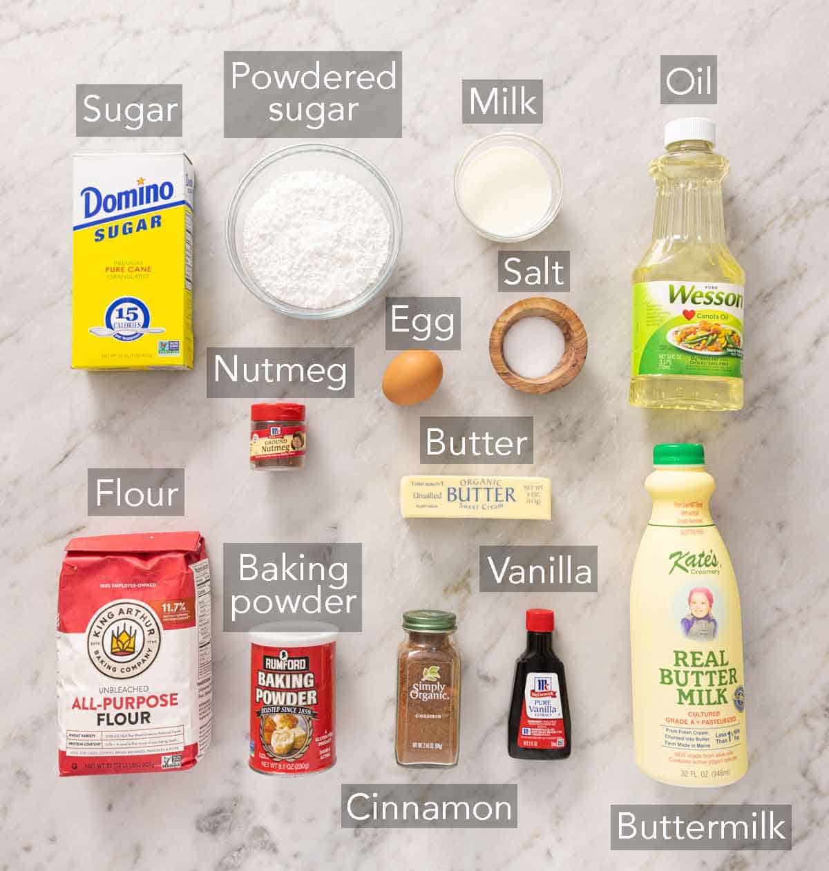 Ingredients needed to make baked donuts.