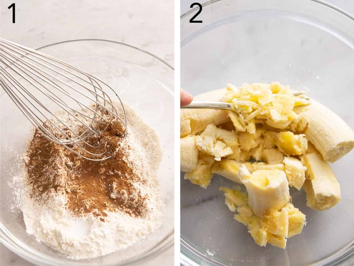 Set of two photos showing dry ingredients whipped and bananas mashed.