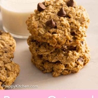 Pinterest graphic of three banana oatmeal cookies stacked on top of each other by a glass of milk.