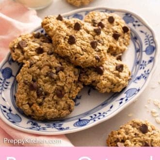 Pinterest graphic of a platter of multiple banana oatmeal cookies with more scattered around.