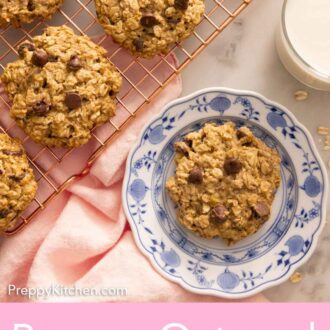 Pinterest graphic of a plate with a banana oatmeal cookie by a cooling rack with more.