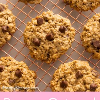 Pinterest graphic of a cooling rack with banana oatmeal cookies.