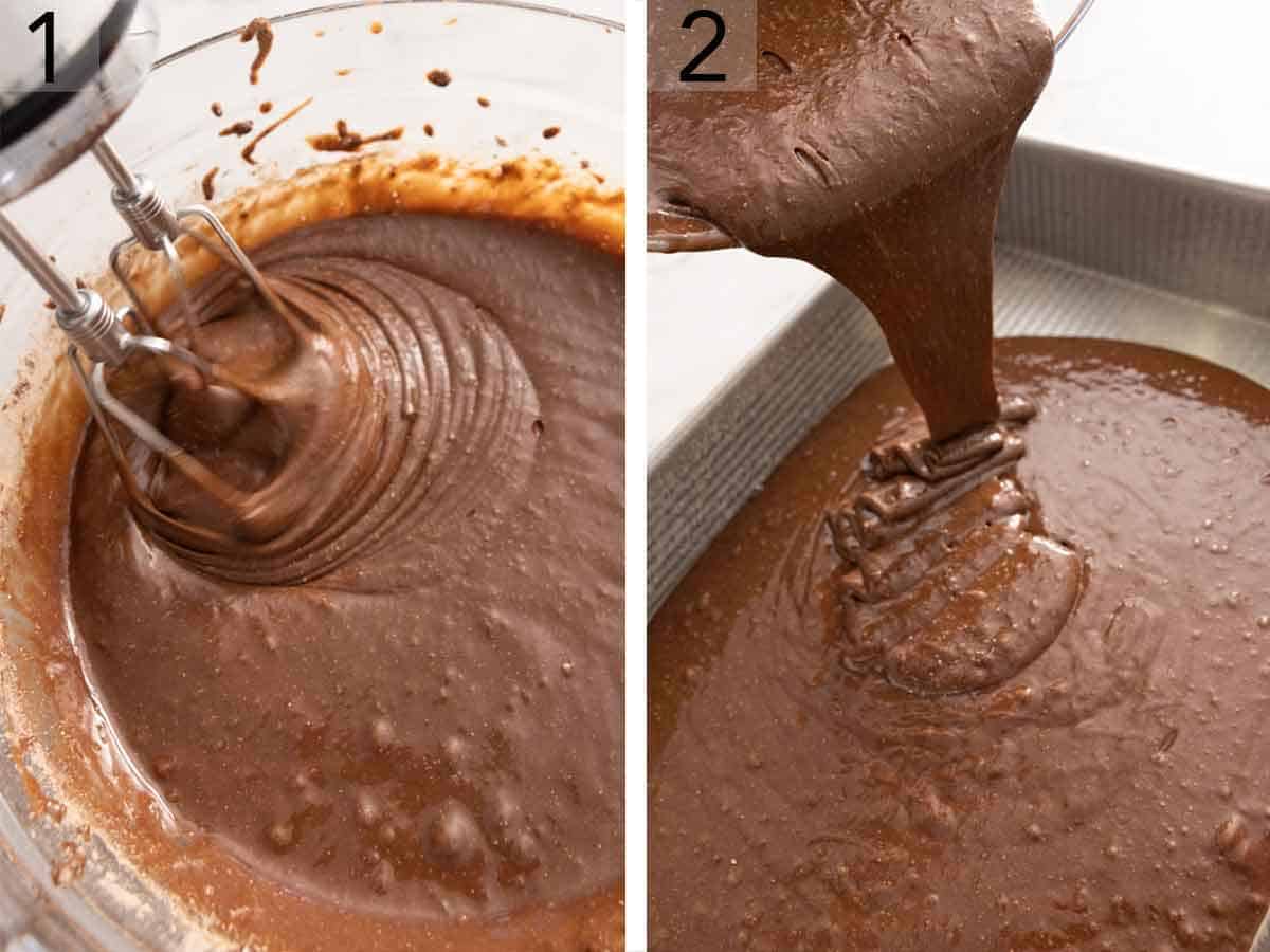 Set of two photos showing cake batter mixed and transferred to a pan.