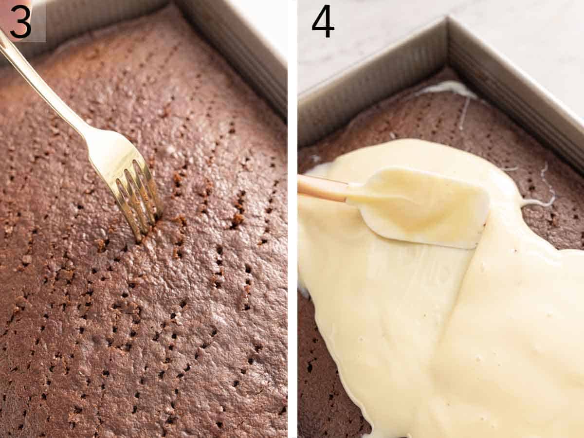 Set of two photos showing a fork poking holes before spreading condensed milk on top.