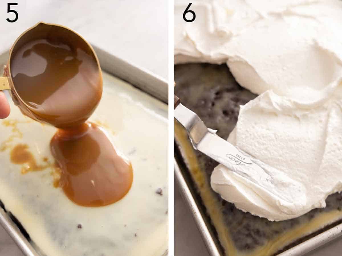 Set of two photos showing caramel sauce and cool whip added to the cake.