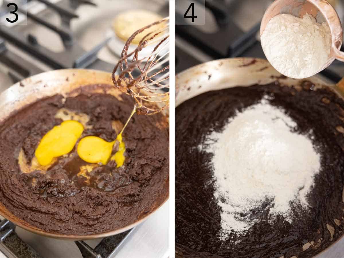 Set of two photos showing eggs and flour added to the batter.