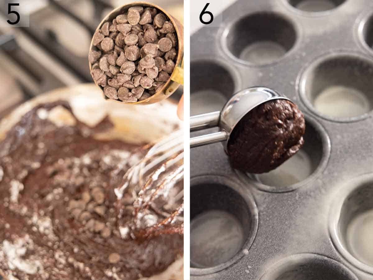Set of two photos showing chocolate chips added to the batter and batter scooped into a pan.