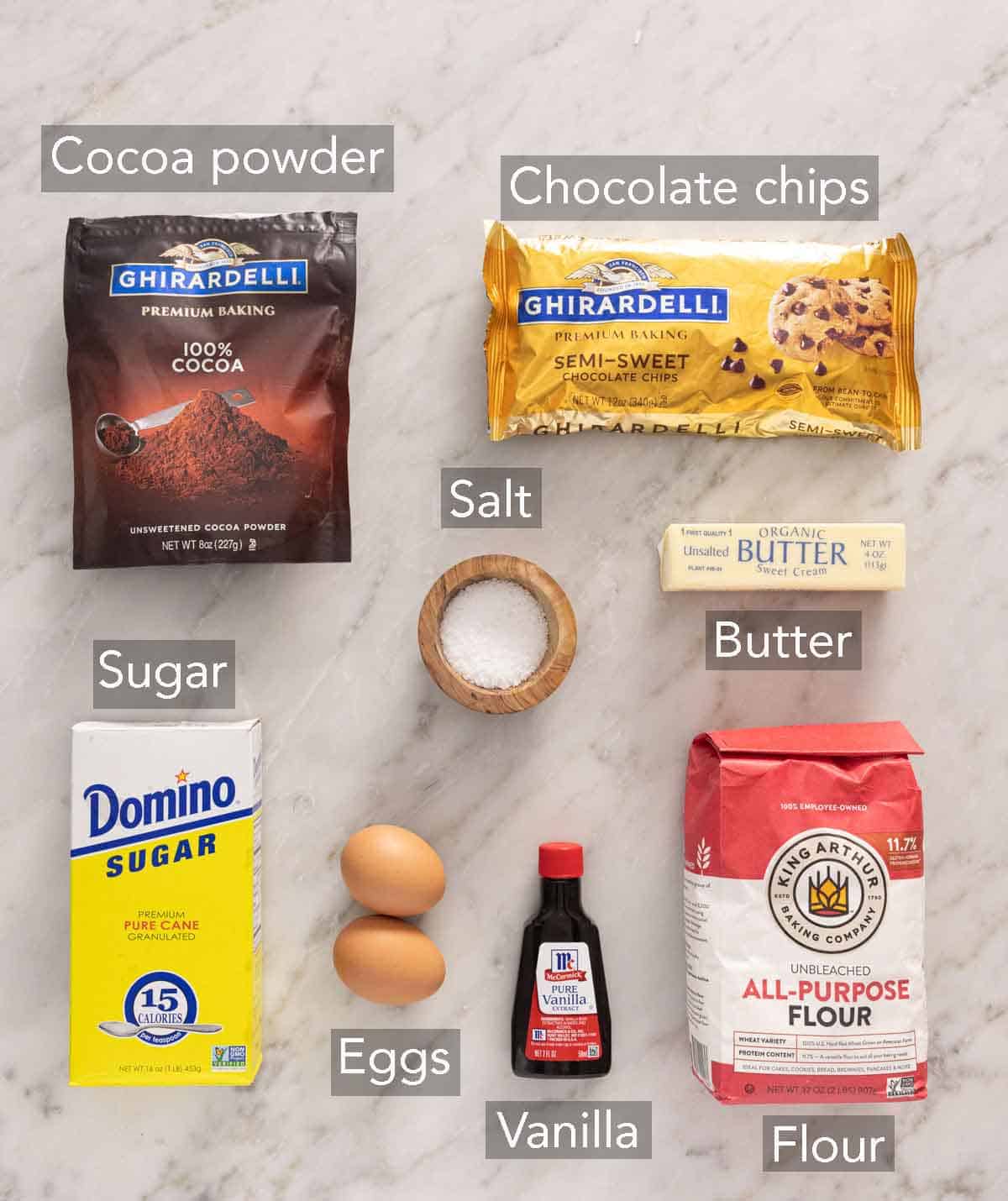 Ingredients needed to make brownie bites.