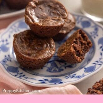 Pinterest graphic of a plate with four brownie bites, one with a bite taken out.