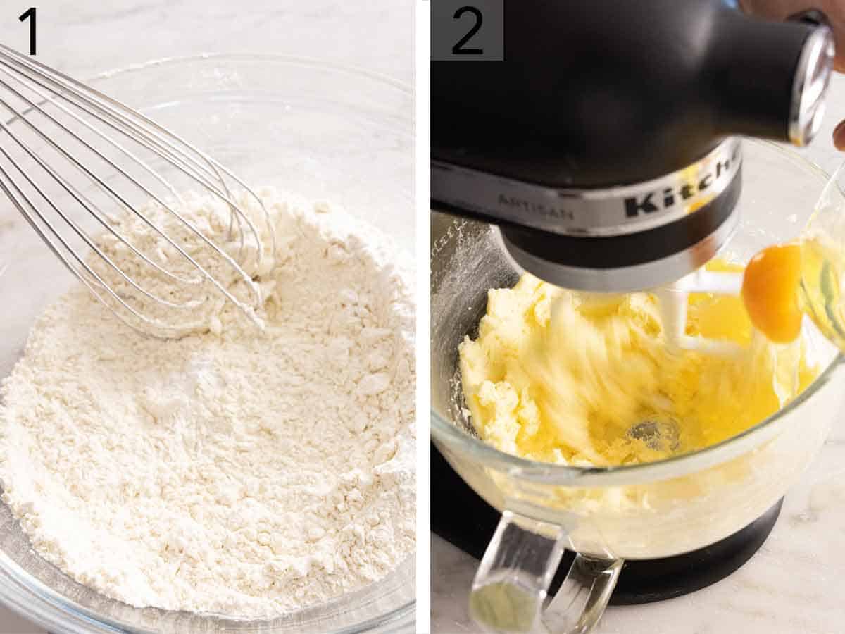 Set of two photos showing dry ingredients whisked and eggs added to creamed butter.