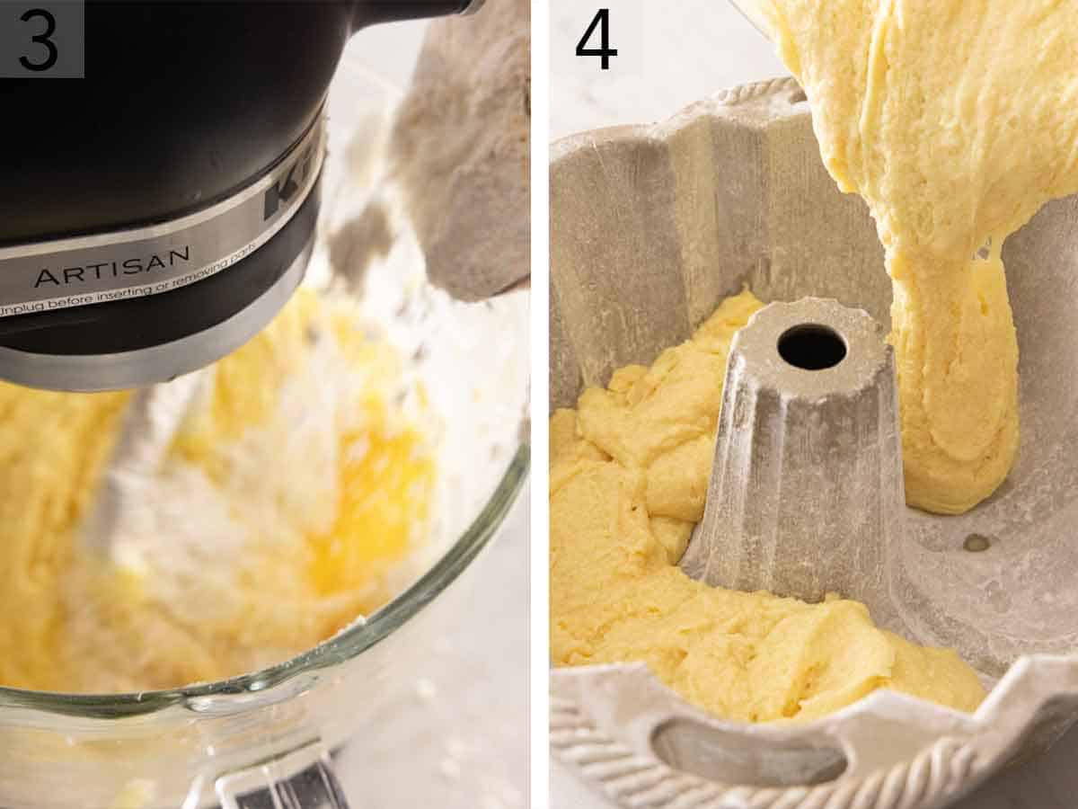 Set of two photos showing dry ingredients added to the mixer then batter poured into a greased pan.