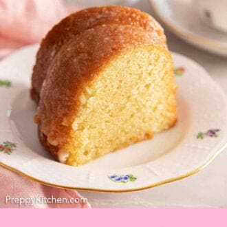 Pinterest graphic of the close up of a slice of butter cake on a plate.