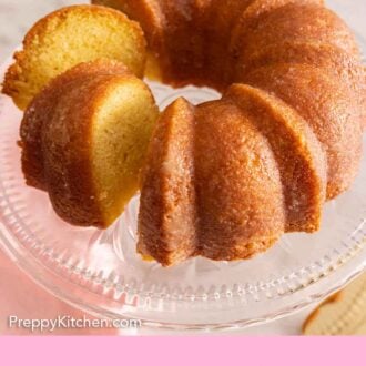 Pinterest graphic of a cut butter cake on a cake stand.