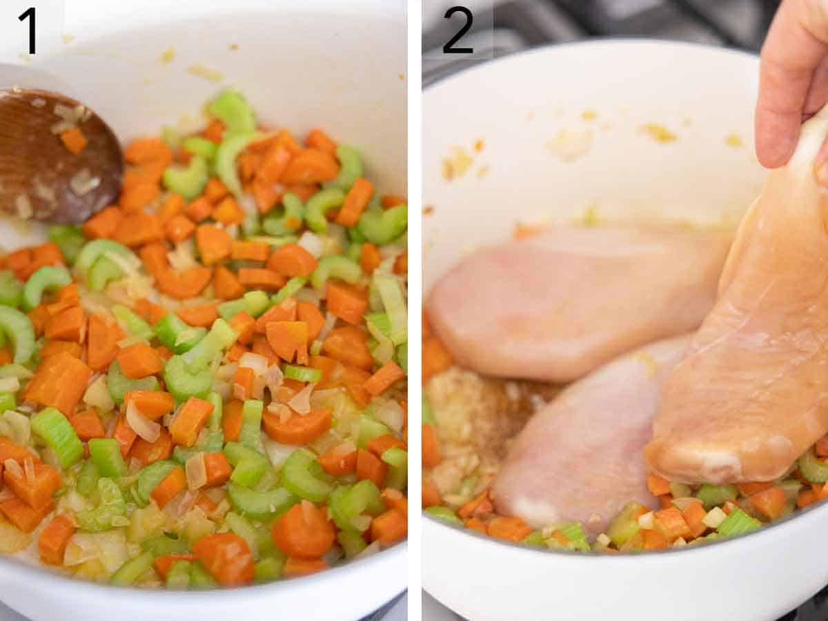 Set of two photos showing aromatics cooked in a pot and chicken added.