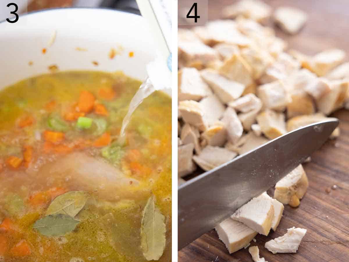 Set of two photos showing liquid and bay leaves added to the pot and chicken diced on a board.