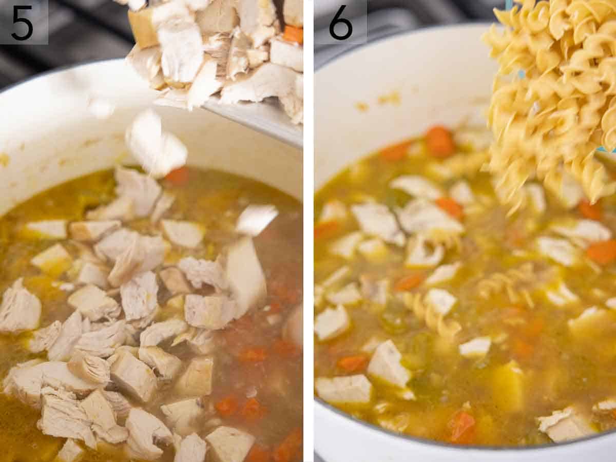 Set of two photos showing chicken and noodles added to the soup.