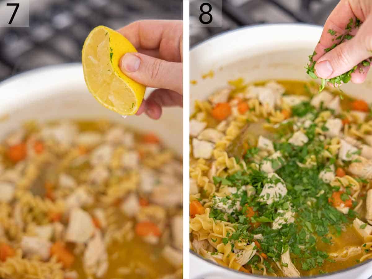 Set of two photos showing lemon and parsley added to the pot.