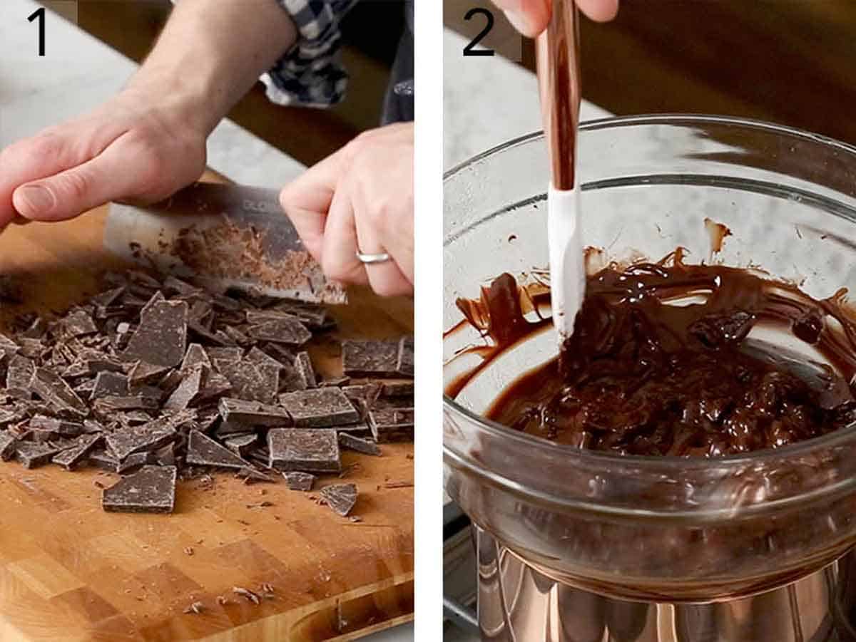 Set of two photos showing chocolate chopped and melted.