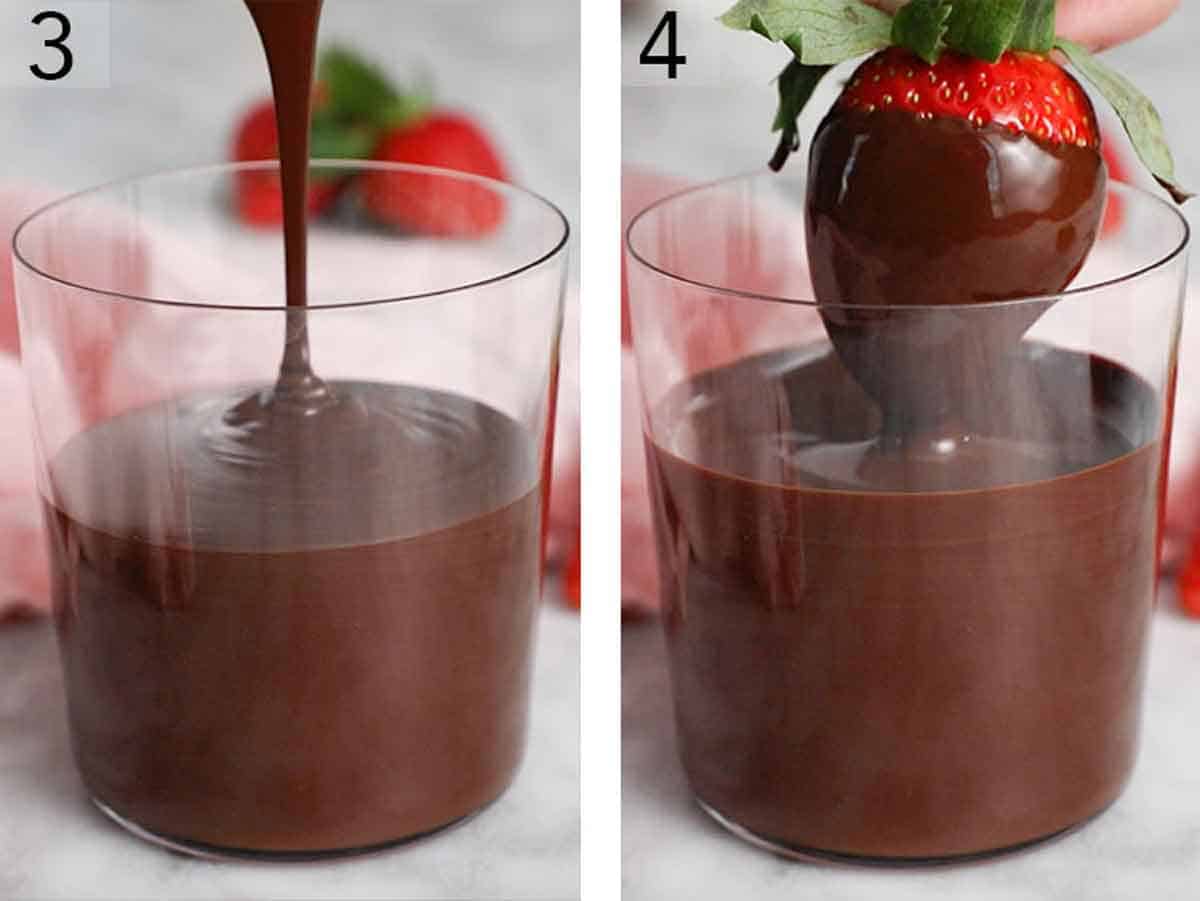 Set of two photos showing chocolate poured into a glass and strawberry dipped in.