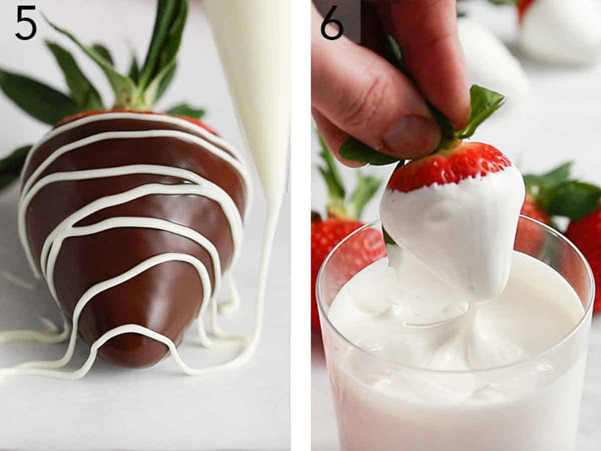 Set of two photos showing white chocolate drizzled over a coated strawberry and another dipped in white chocolate.