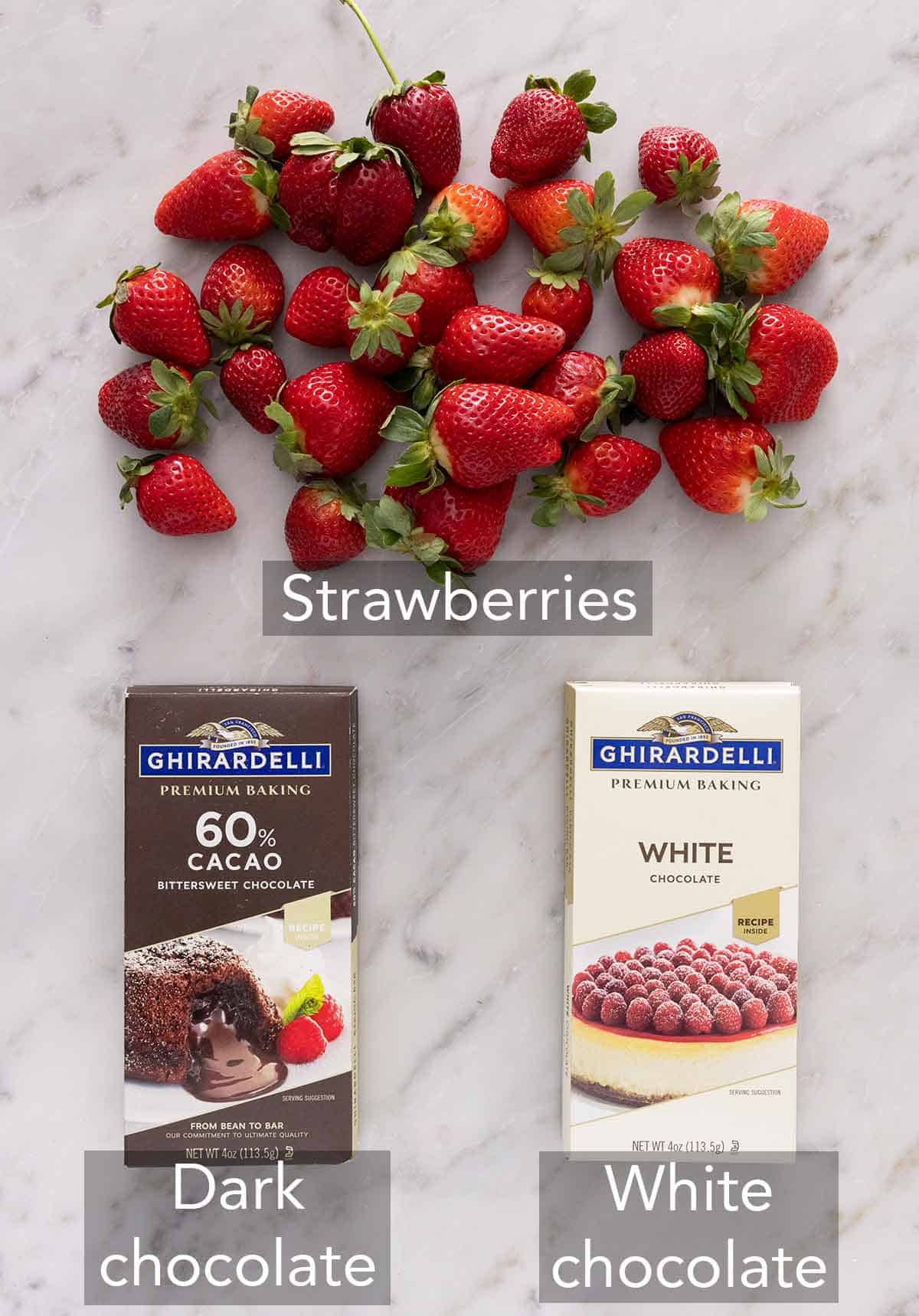 Ingredients needed to make chocolate covered strawberries.