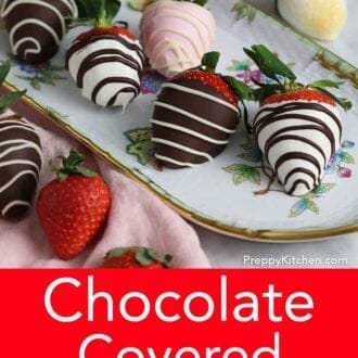 Pinterest graphic of a platter of multiple chocolate covered strawberries.