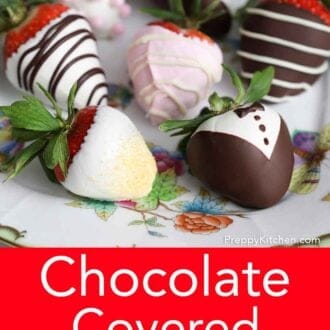 Pinterest graphic of a plate with seven chocolate covered strawberries.