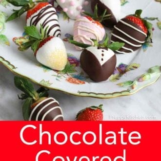 Pinterest graphic of a plate of chocolate covered strawberries with more surrounding it.