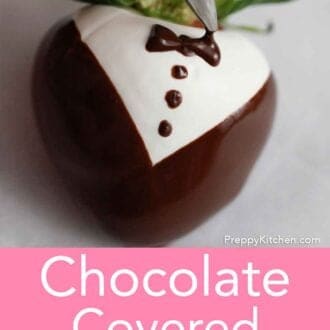 Pinterest graphic of a chocolate covered strawberry decorated like a tuxedo.