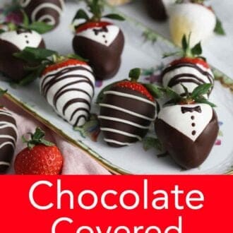 Pinterest graphic of multiple chocolate covered strawberries on a platter.